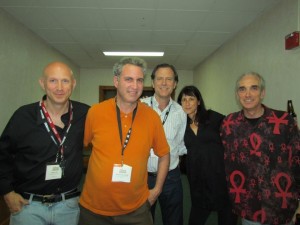 AcousticMusicScene.com's Michael Kornfeld (second from left), flanked by (l.-r.) Rob Lytle, Jeff Talmadge, Christine Stay and Aidan Quinn (Friction Farm) during the 2011 SERFA Conference.