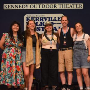 2024 Kerrville New Folk Winners include (l.-r.): Rachel Sumner, Lucy Clearwater, Lila Blue, Robin Bienemann, and Lila Talmers. Not pictured: Sean Keel. (Photo from Kerrville Folk Festival's Facebook page)