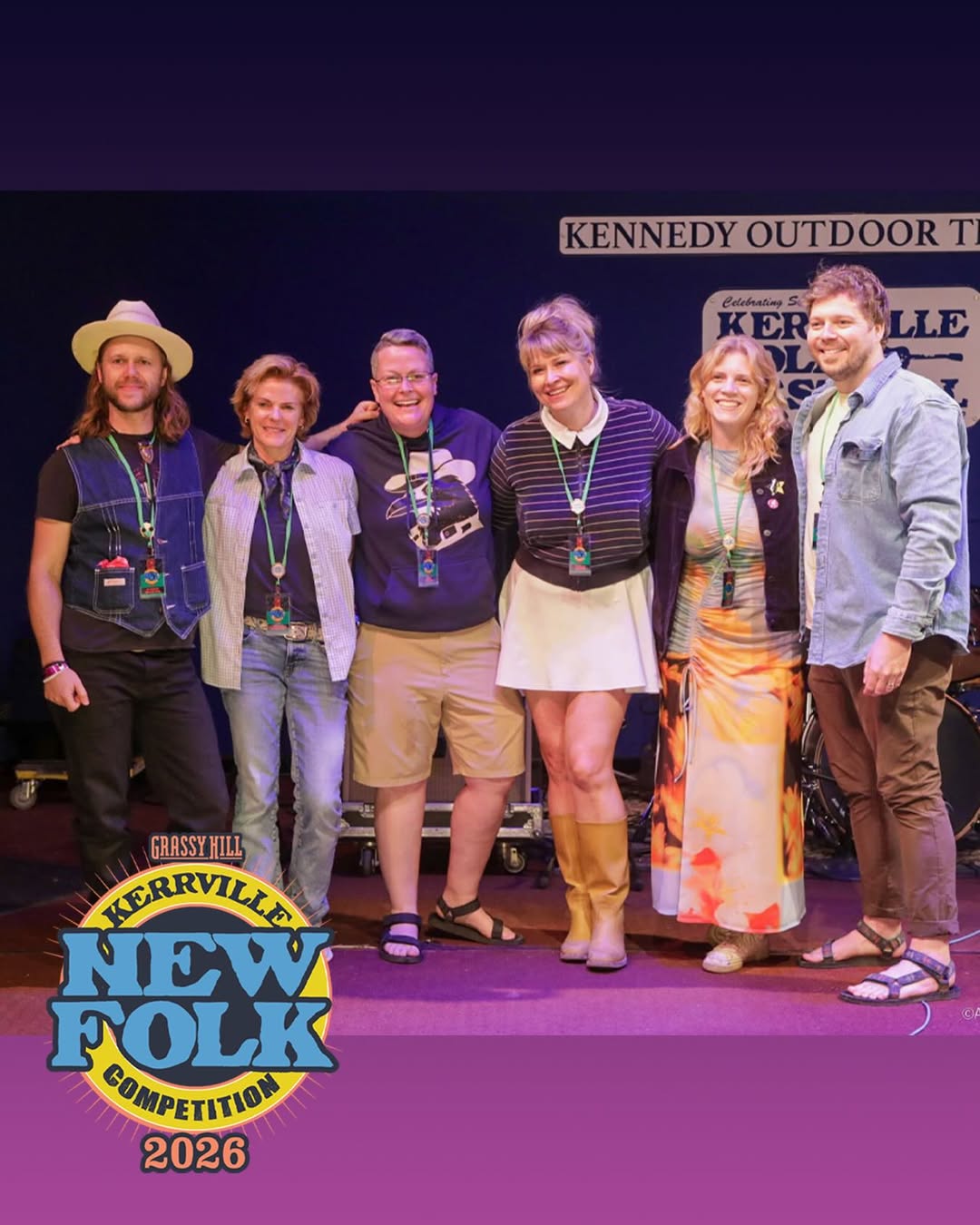 The 2026 Grassy Hill New Folk Winners are (left to right) Hudson Mueller, Stephanie Sammons, Sarah Golden, Helena Hallberg, Catlin Cannon, and Logan Vath.